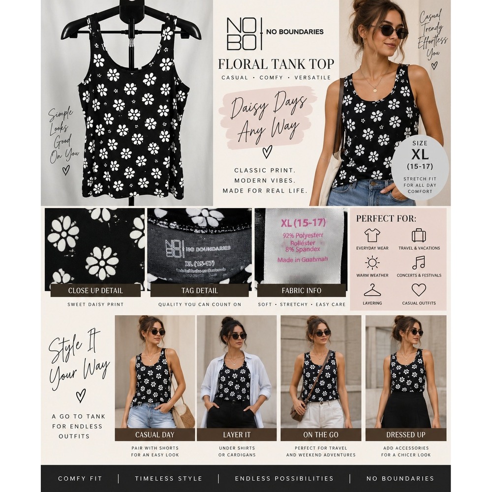 Black White Floral Tank Top Womens XL 15-17 Stretch Daisy Y2K Casual Summer